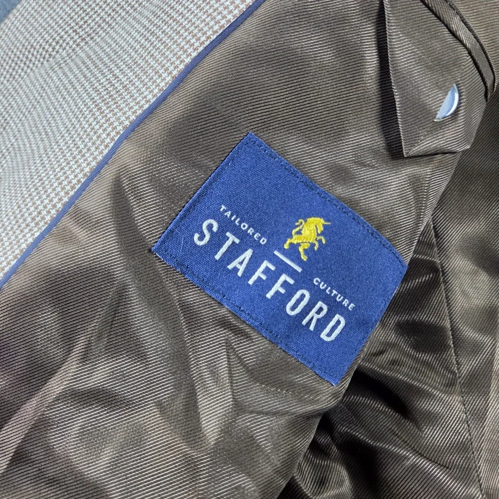 Stafford Linen Cotton Sport Coat Mens 44S Beige Houndstooth Blazer Jacket Summer